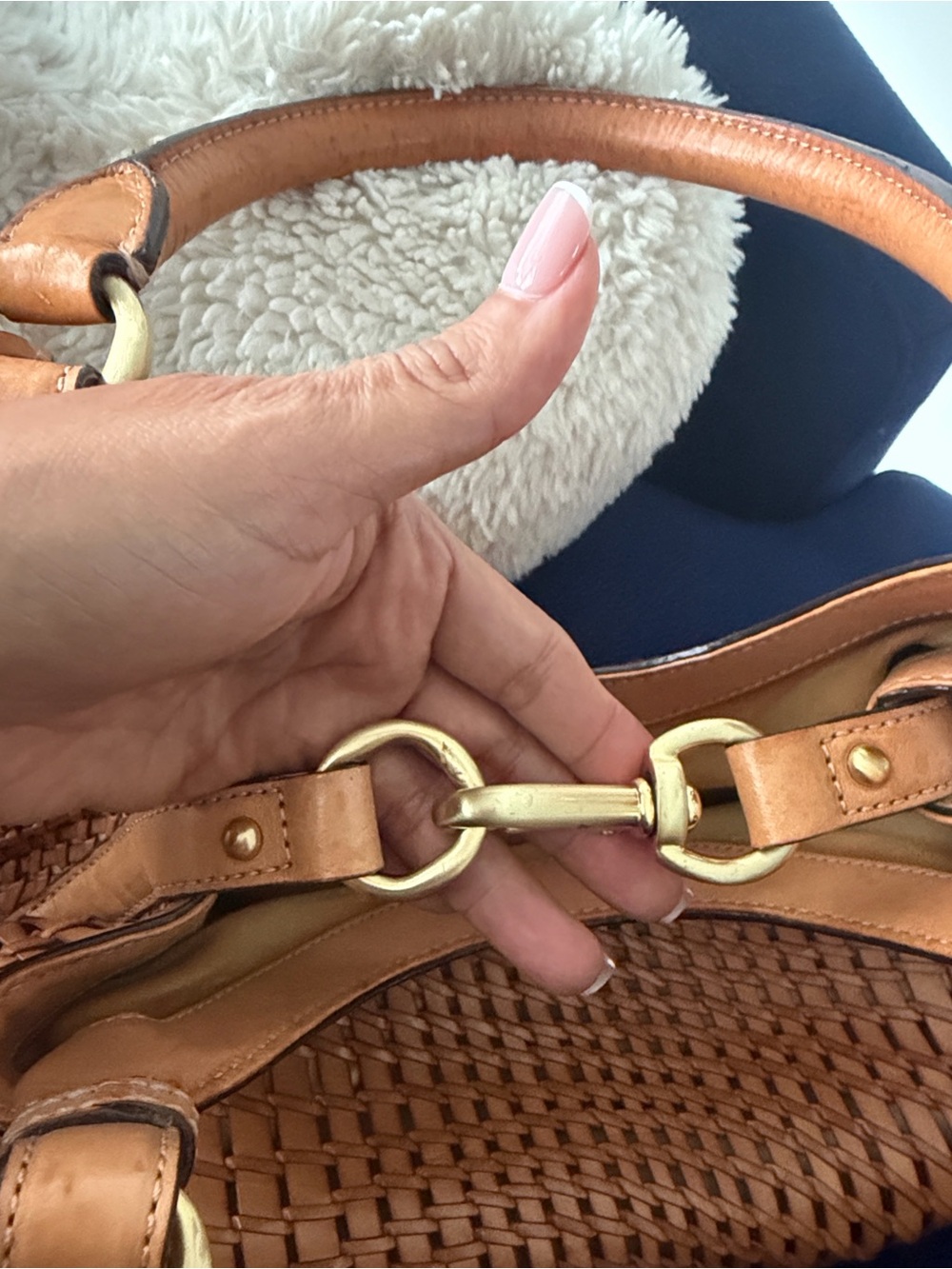 Cole Haan Woven Tan Leather Shoulder Bag with Gold-Tone Chain - Picture 7 of 15